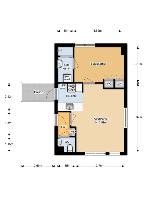Appartement - Nieuwlichtstraat/Utrecht (€875.00/43.00m2)